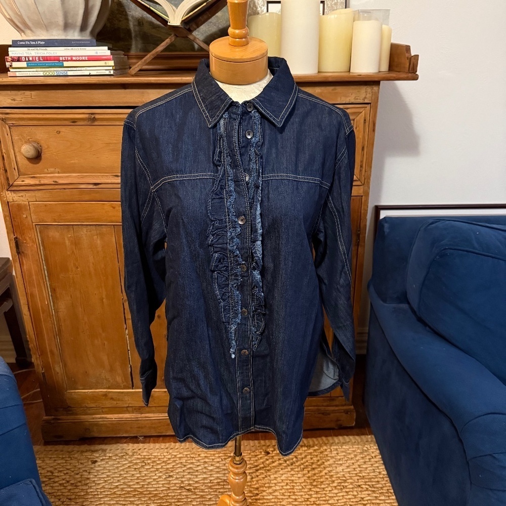 NWT Anthropologie Pilcro Denim Ruffled Button Down Shirt Tunic Women M